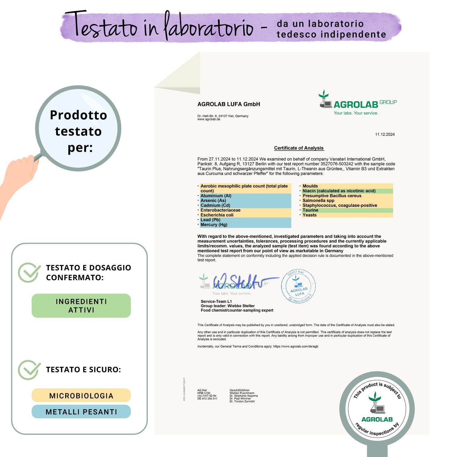 Certificato di Agrolab. Conferma ingredienti e sicurezza. Testato per microbiologia e metalli pesanti.