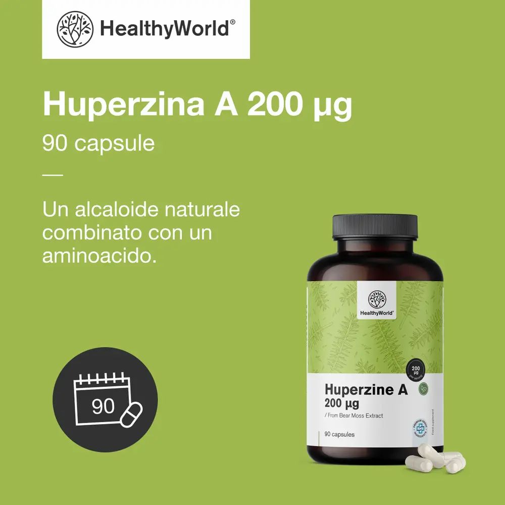 Huperzina A 200 µg, 90 capsule. Flacone marrone con capsule. Sfondo verde. Logo HealthyWorld.