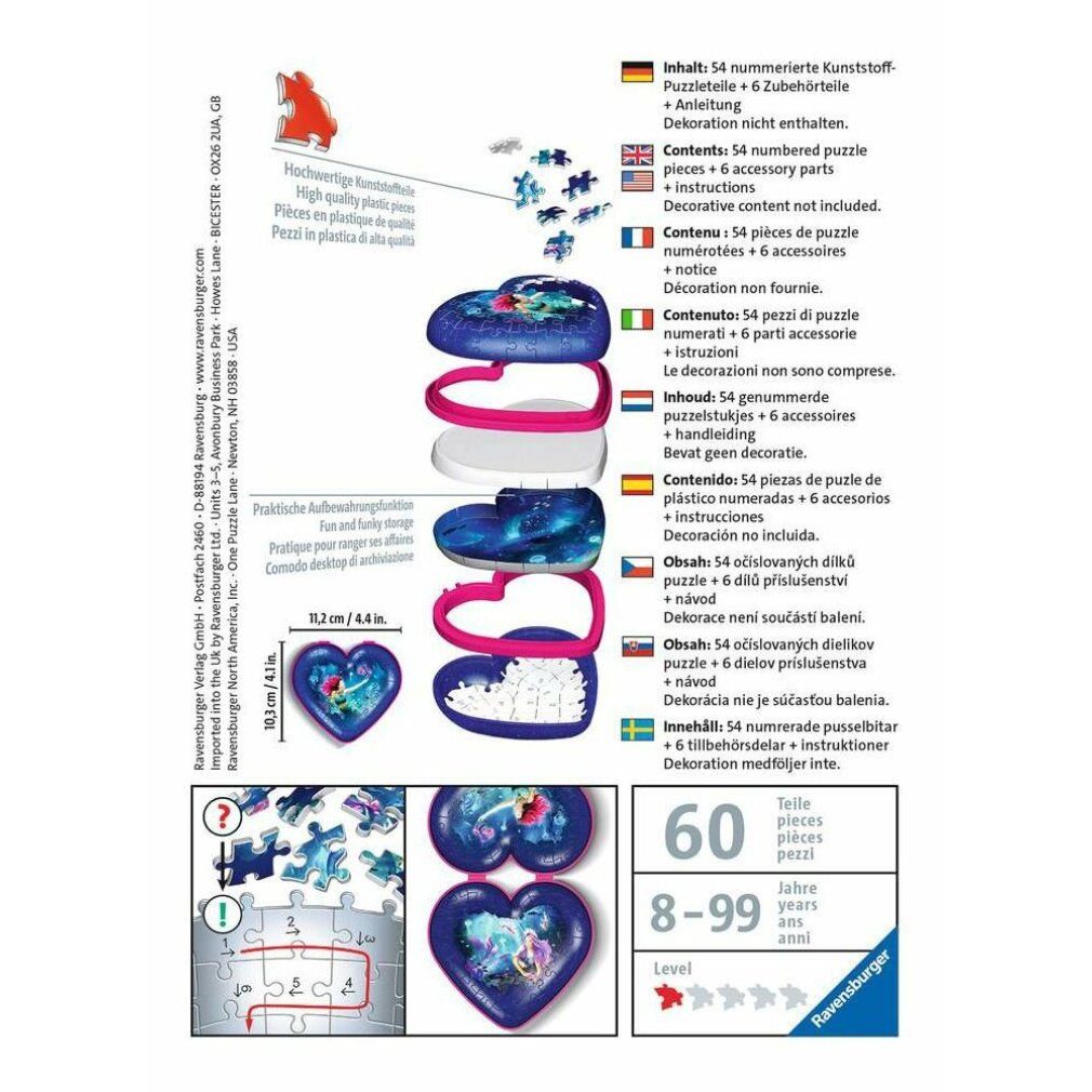 Esploso del puzzle. Singoli pezzi e puzzle finito a forma di cuore. Testo multilingue. Marca: Ravensburger.