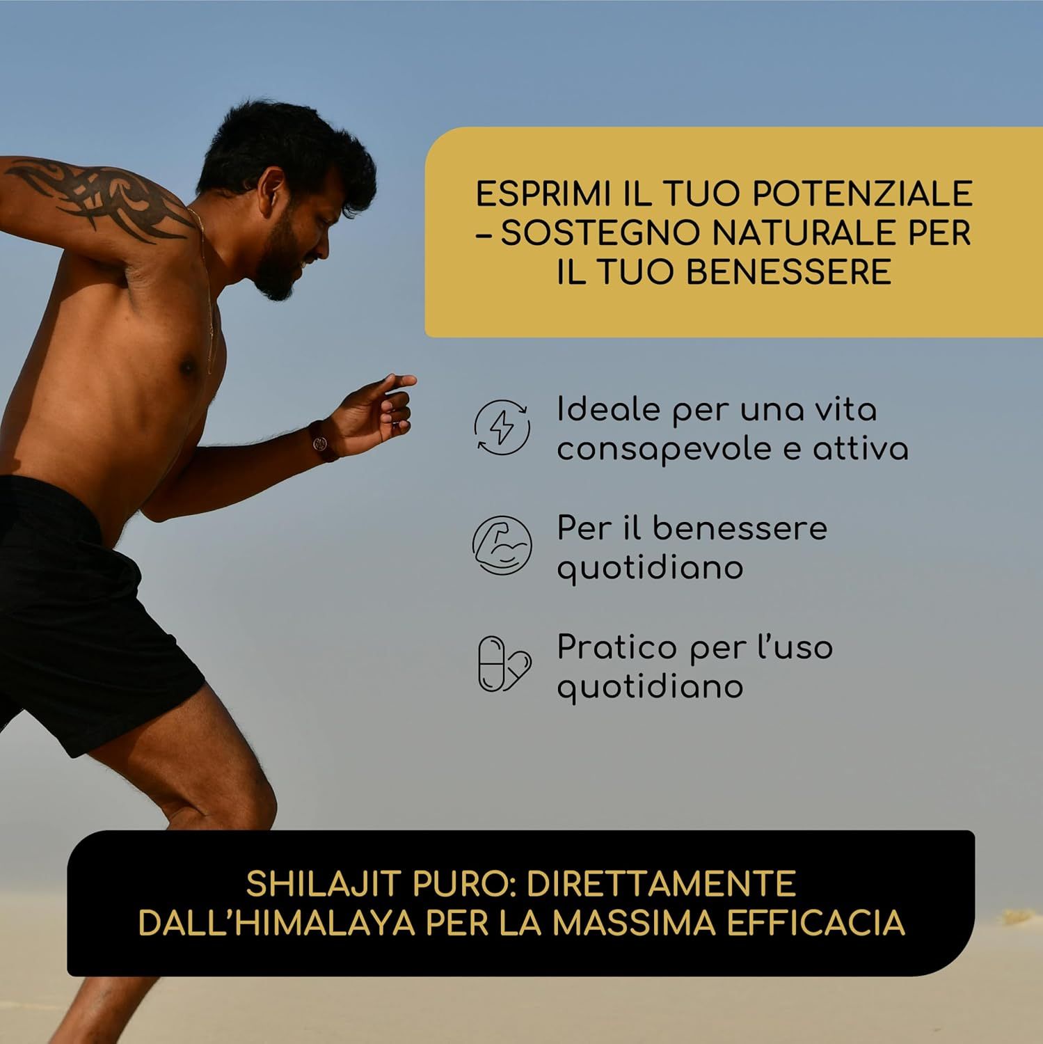 Uomo che corre. Testo: Supporto naturale per il benessere. Ideale per una vita attiva. Pratico per l'uso quotidiano.