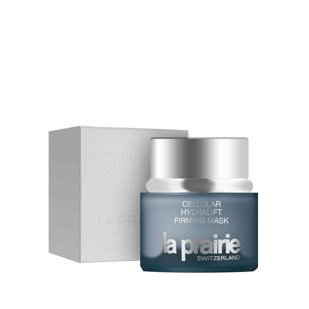 Vaso e scatola. Scritta: Cellular Hydralift Firming Mask, La Prairie. Vaso in vetro grigio con coperchio argentato.