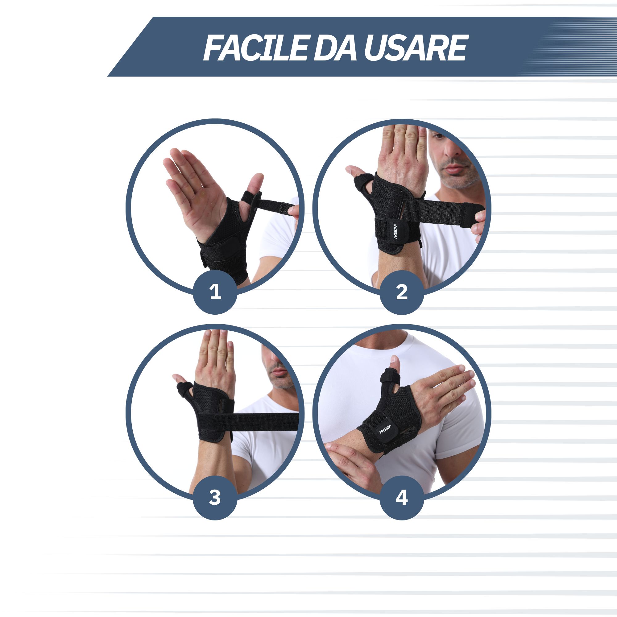 Stabilizzatore nero per polso e pollice con passante per il pollice, tessuto traspirante e velcro.