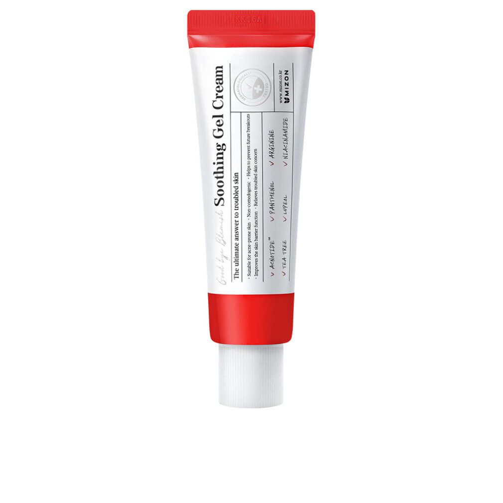 Tubo bianco e rosso. Scritta: Soothing Gel Cream. Marchio: Mizon. Contiene informazioni sugli ingredienti e le caratteristiche.