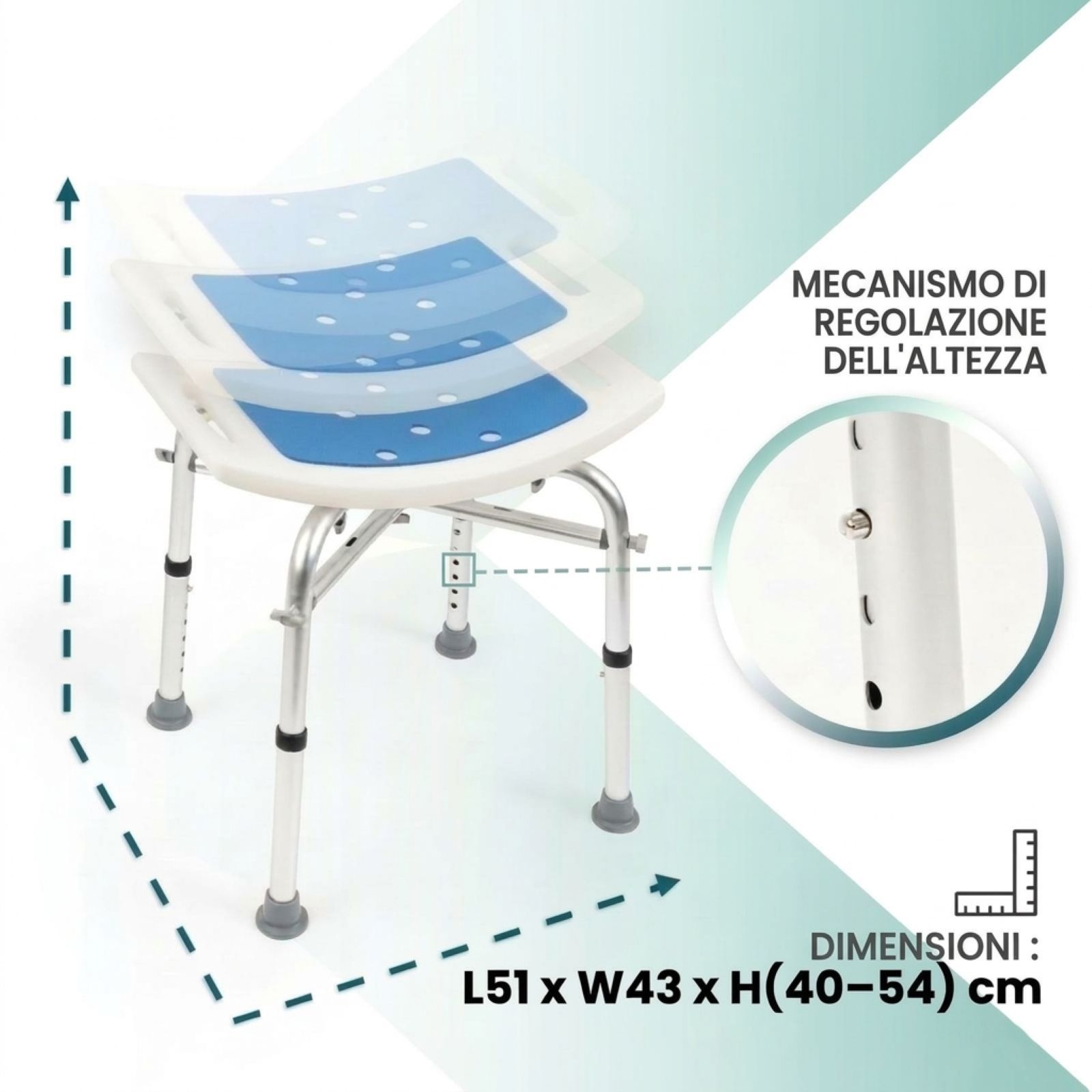 Sgabello per doccia regolabile in altezza. Dimensioni: L51 x L43 x H(40-54) cm.