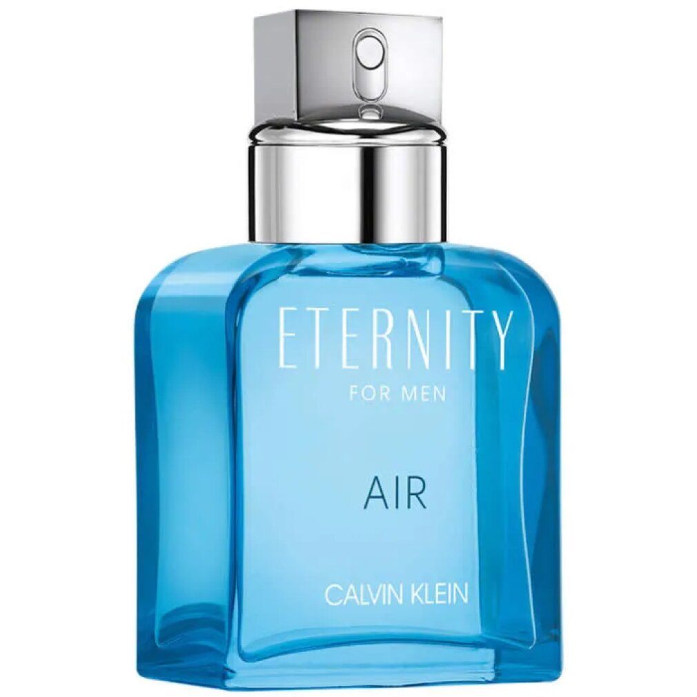 Flacone di profumo azzurro chiaro con tappo argentato. Scritta: Eternity Air For Men, Calvin Klein.