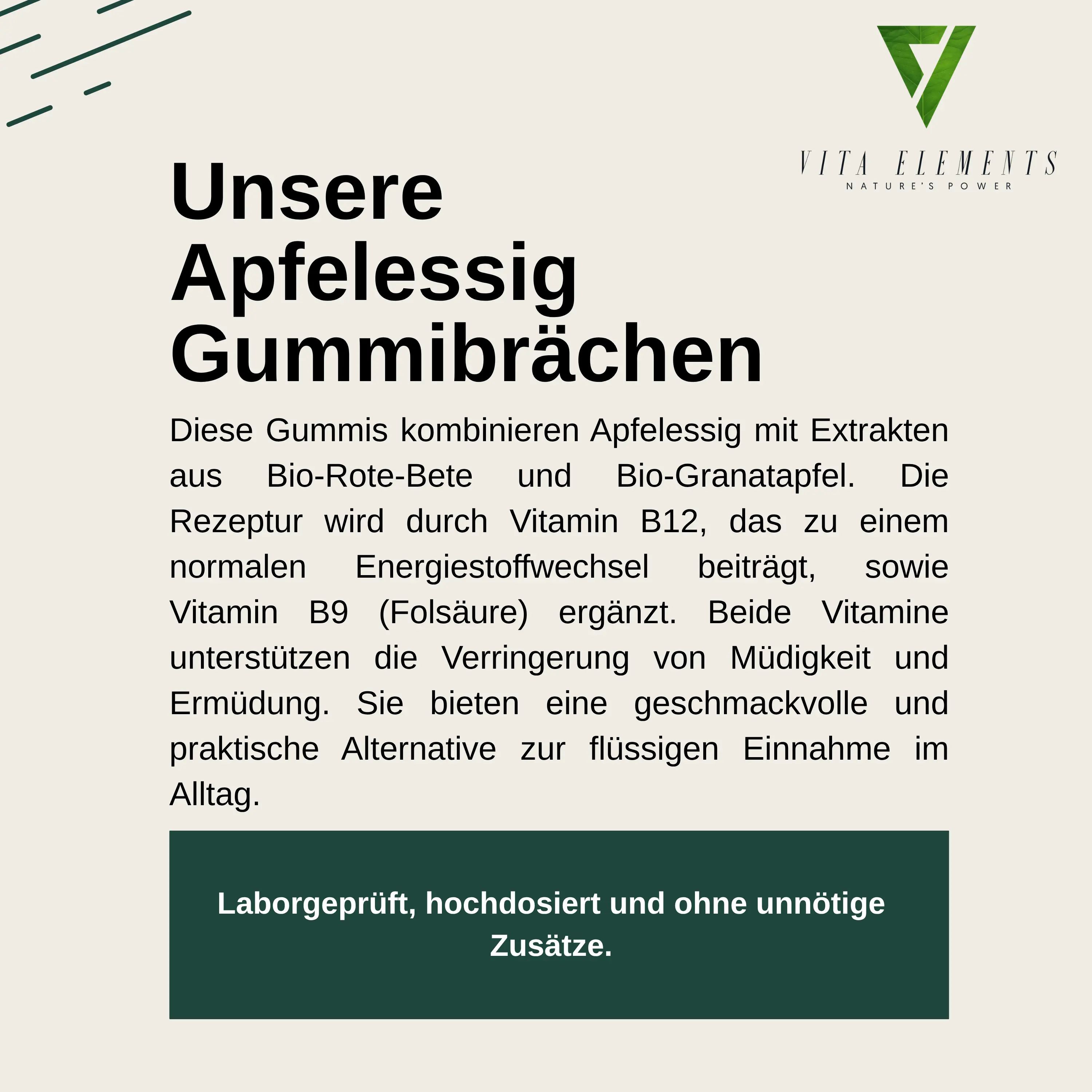 Area di testo con informazioni sulle caramelle gommose all'aceto di mele, vitamine e ingredienti.