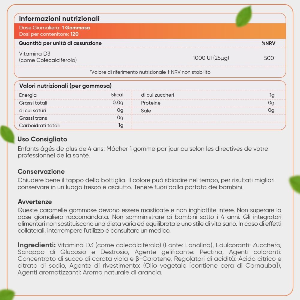 Gommosi Vitamina D3, 120 pezzi. Testo: maxmedix. Vantaggi: sicuro, senza glutine, senza OGM, ad alto dosaggio, naturale, vegetariano.