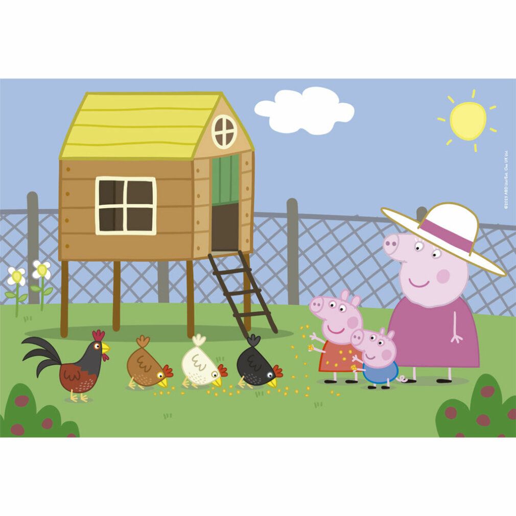 Puzzle Peppa Pig. Scena con maiali, polli e casa. Sfondo: cielo blu e sole. Senza confezione.
