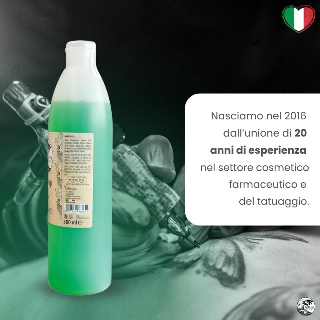 Sapone verde. Testo: Green Soap. Prodotto con 20 anni di esperienza nel settore cosmetico e farmaceutico.