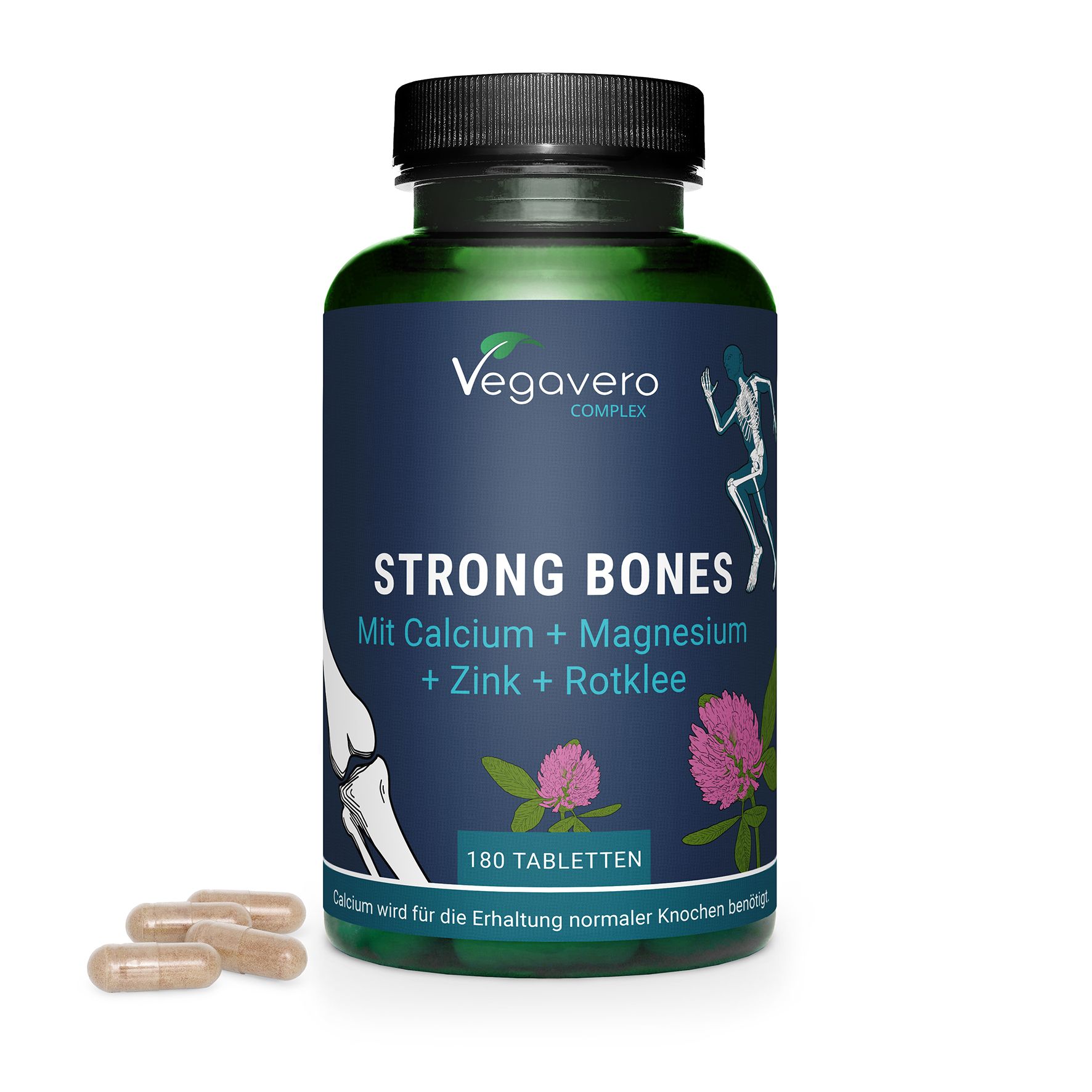 Flacone verde Strong Bones, Vegavaro. Contiene calcio, magnesio, zinco, trifoglio rosso. 180 compresse. Capsule visibili.