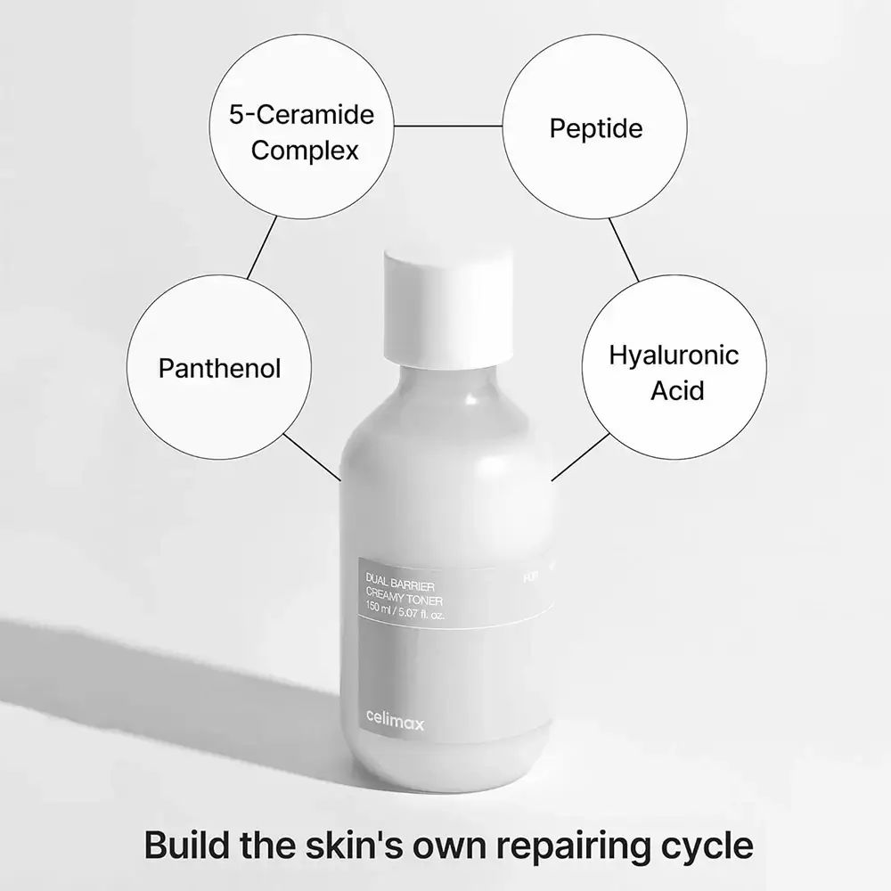 Bottiglia bianca con tappo bianco. Nome del prodotto e marchio non visibili. Cerchi con ingredienti.