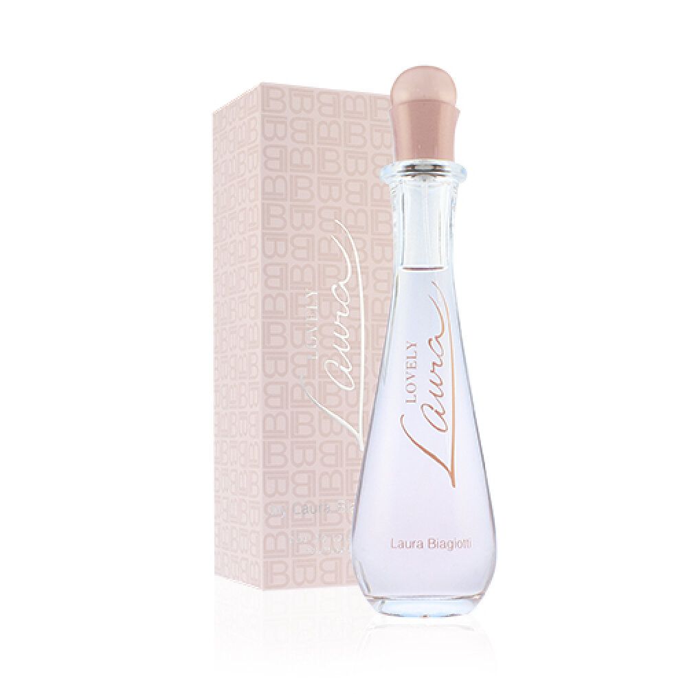 Flacone rosa con confezione. Scritta "Lovely Laura" e "Laura Biagiotti". Confezione con logo.