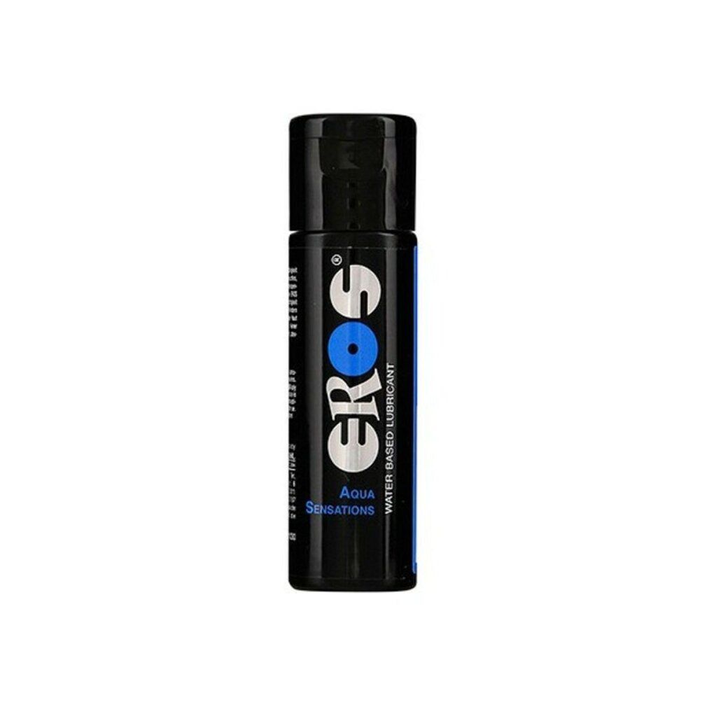 Flacone nero con etichetta blu. Scritta: EROS, Aqua Sensations, Water Based Lubricant.