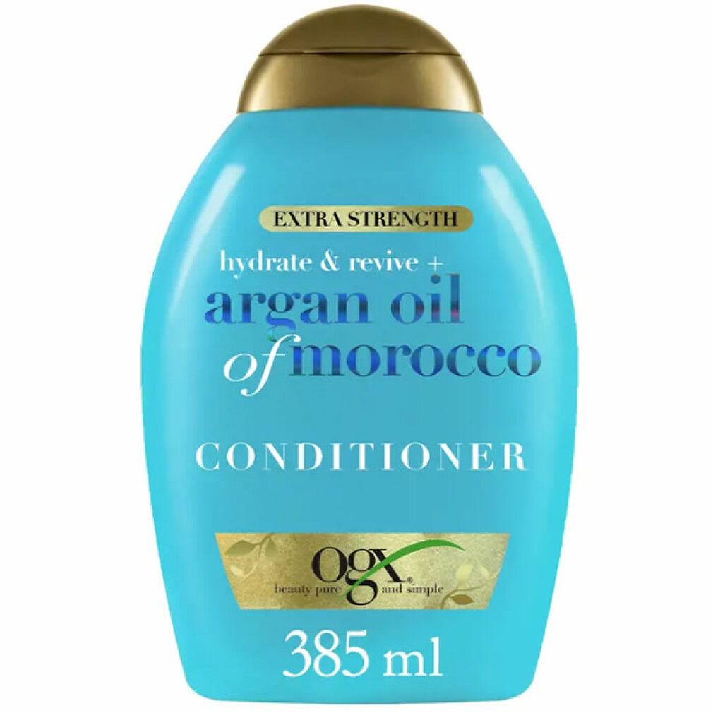Flacone turchese con tappo dorato. Scritta: "Extra Strength", "Argan Oil of Morocco Conditioner". Testo: "385 ml".