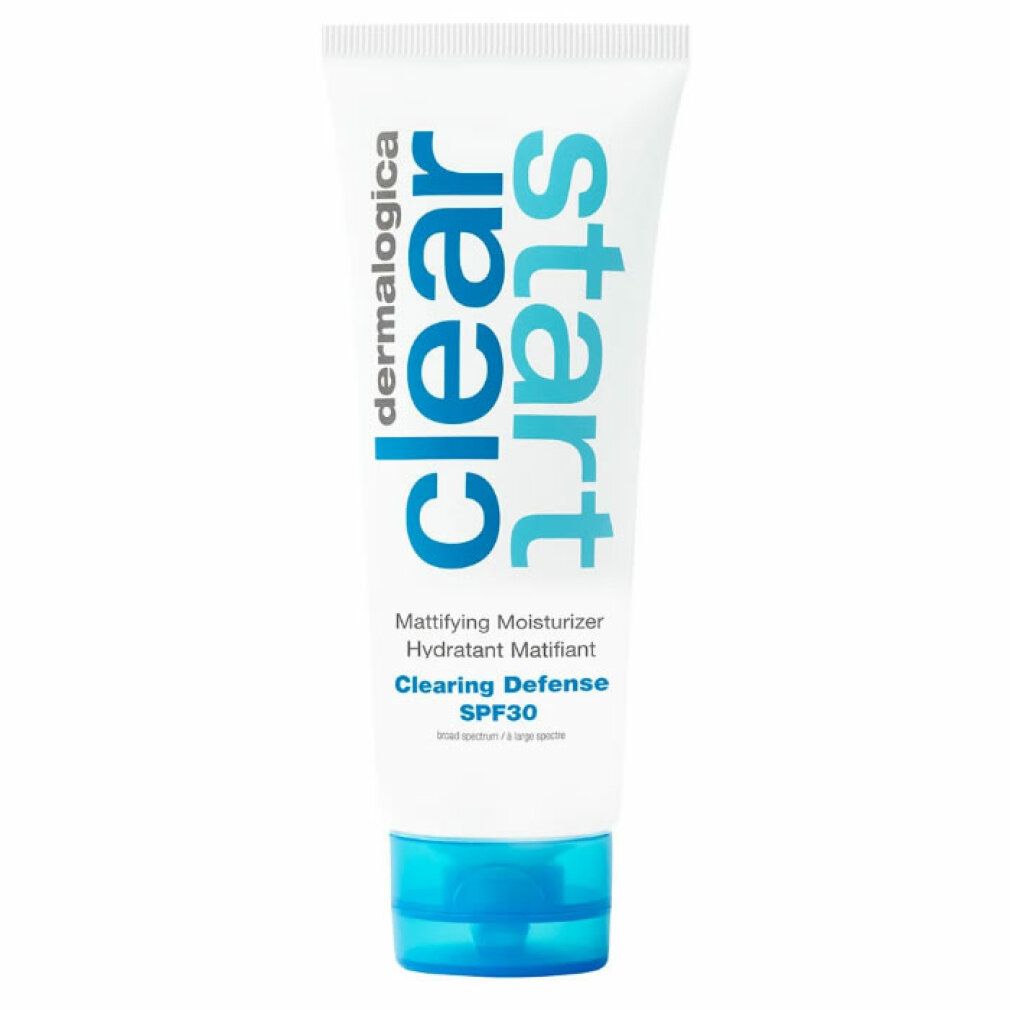 Tubo bianco con tappo blu. Scritta: Dermalogica Clear Start, Clearing Defense SPF30. Idratante Mattificante.