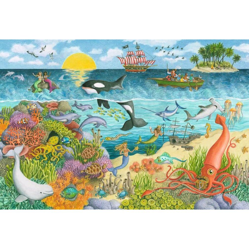 Pezzo di puzzle con motivo sottomarino. Sirene, balene, nave, calamaro e altre creature marine. Illustrazione colorata.