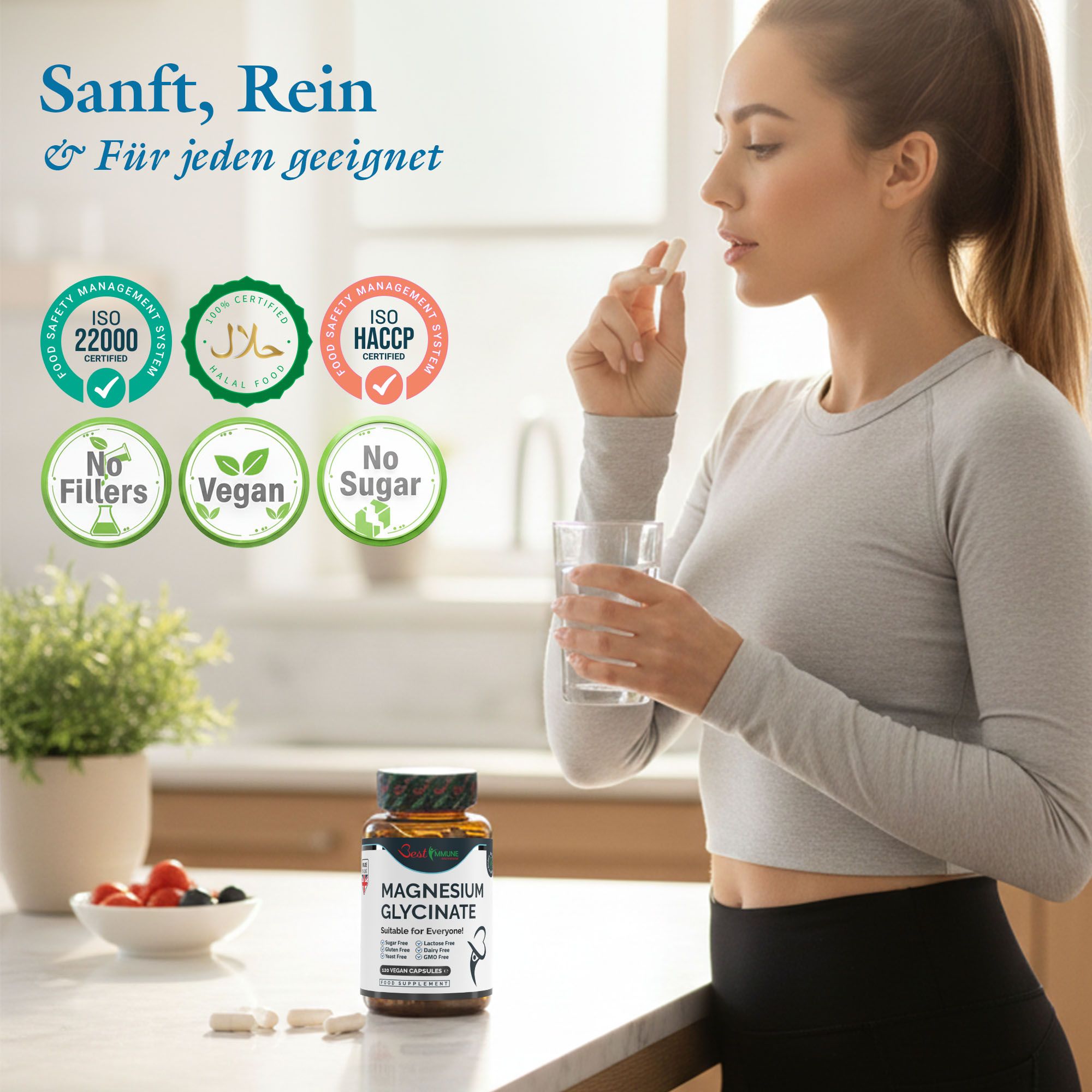 Donna che assume una capsula di magnesio glicinato. ISO 22000, Halal, HACCP, senza filtri, vegan, senza zucchero.
