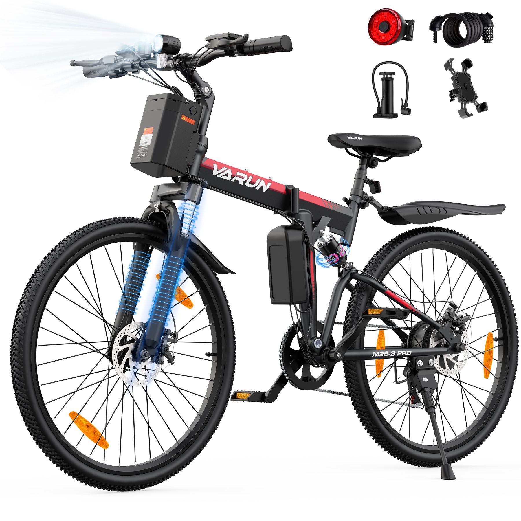 E-bike con fasci di luce. Bici nera con dettagli rossi. Logo VARUN visibile. Sospensioni complete, freni a disco.