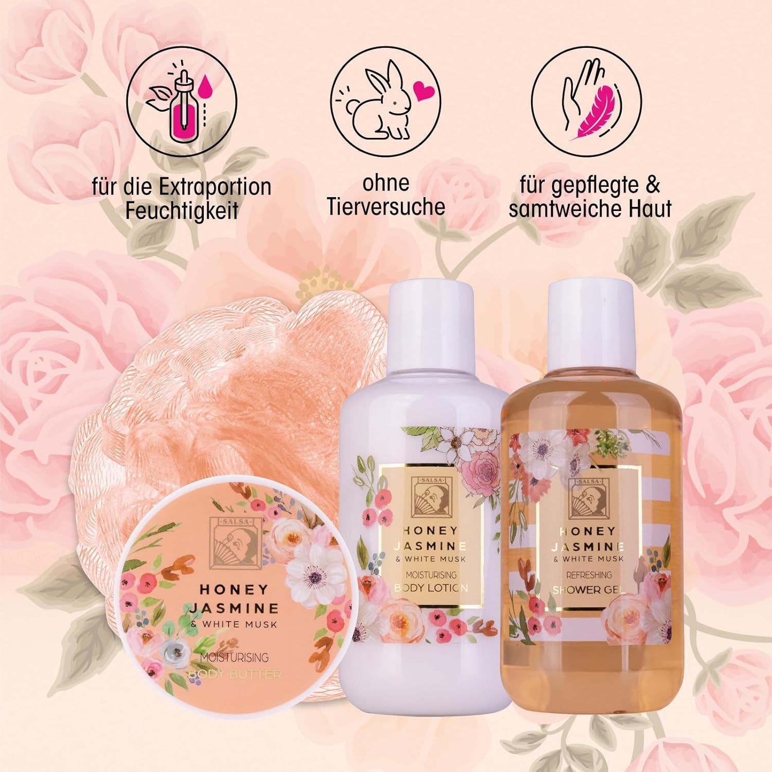 Gel doccia, lozione corpo e burro corpo. Prodotti con design floreale e scritte. Simboli per idratazione, cruelty-free e pelle morbida.