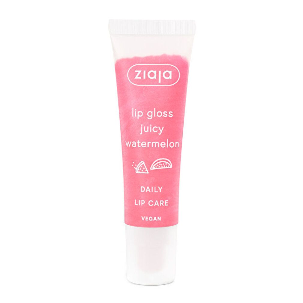 Tubo di lucidalabbra rosa. Scritte: Ziaja, lip gloss juicy watermelon, Daily Lip Care, Vegan.