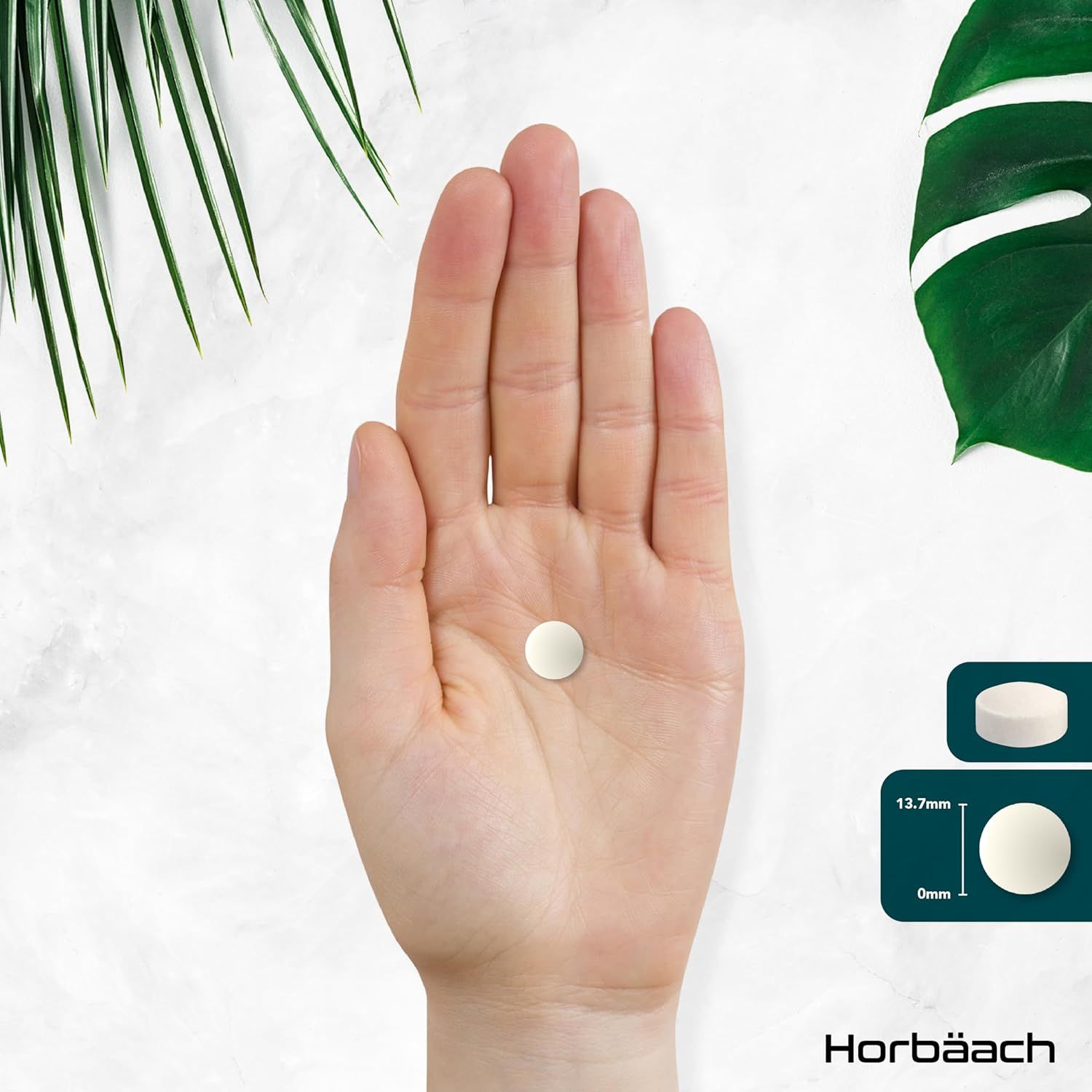 Una compressa in una mano. Compressa bianca, rotonda. Dimensioni: 13,7mm x 0mm.
