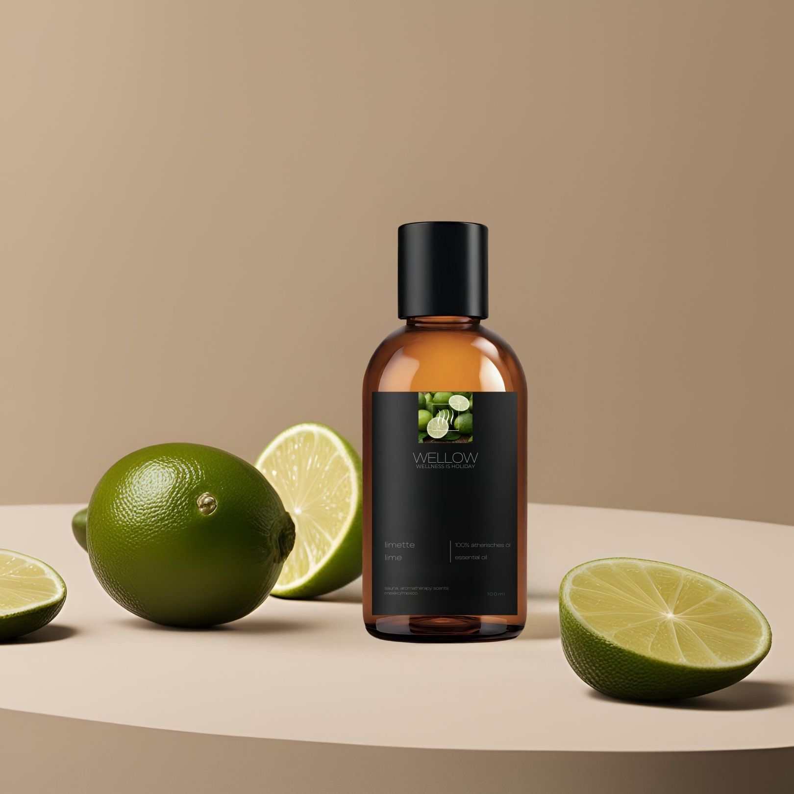 Bottiglia di vetro marrone con tappo nero ed etichetta. Lime e spicchi di lime intorno alla bottiglia.