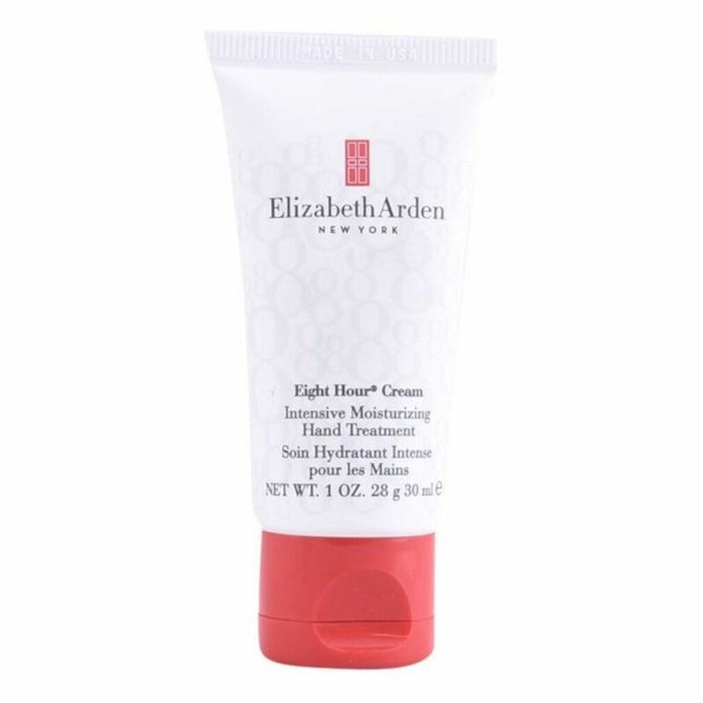 Tubo bianco con tappo rosso. Scritta: Elizabeth Arden, Eight Hour Cream, Trattamento Mani Idratante Intensivo.