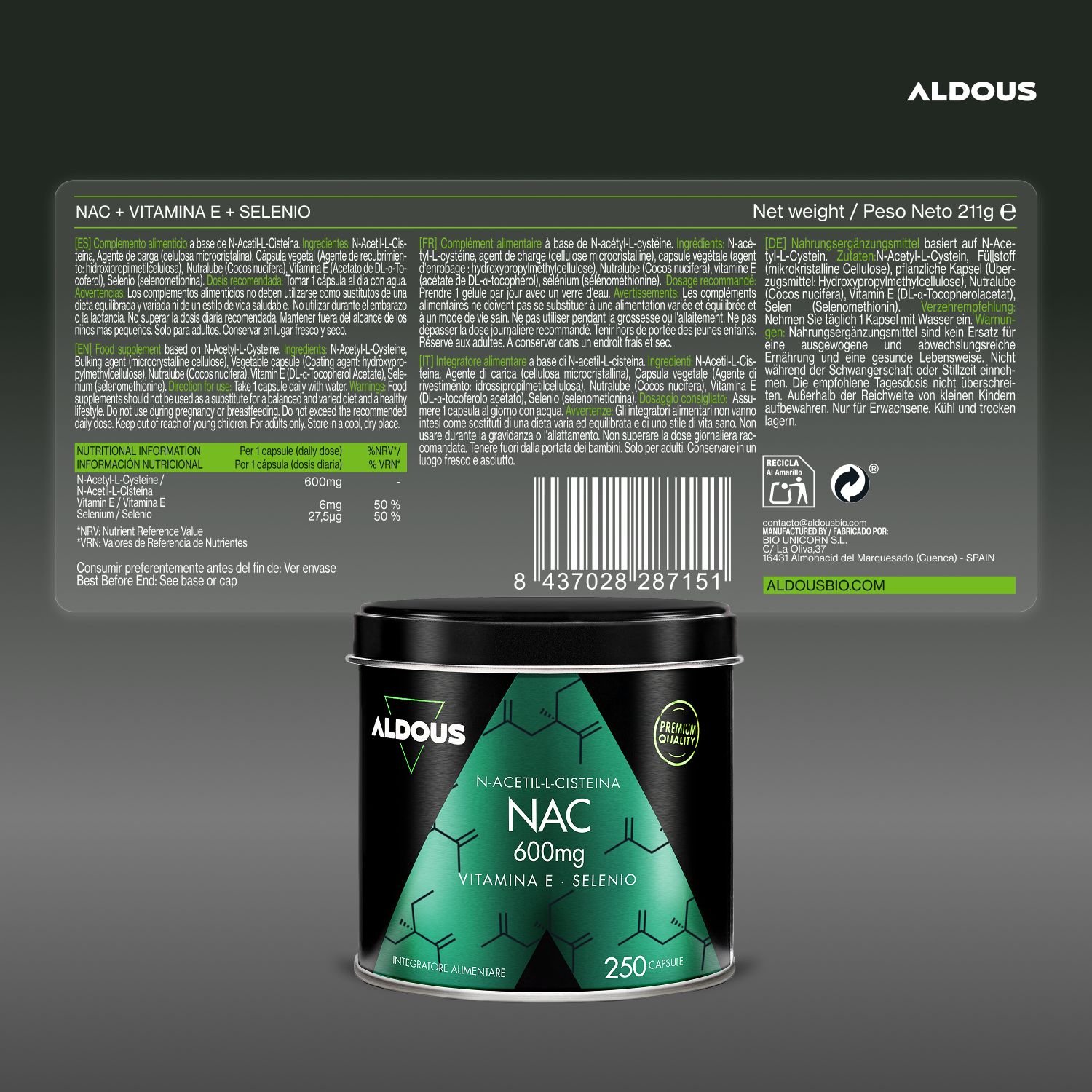 Lattina Aldous NAC e retro della confezione con informazioni nutrizionali e codice a barre. Peso netto 211g.