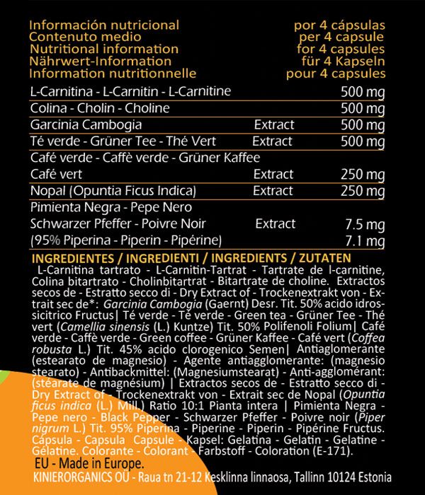 Tabella degli ingredienti delle capsule. Contiene L-carnitina, colina, Garcinia Cambogia, tè verde, caffè verde, nopal, pepe nero.