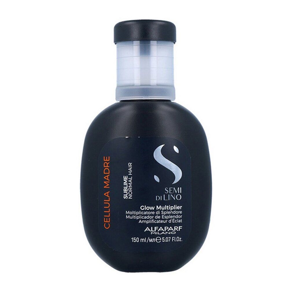 Flacone nero con prodotto. Scritta: CELLULA MADRE, SEMI DI LINO, Glow Multiplier. Marchio: Alfaparf Milano. 150 ml.