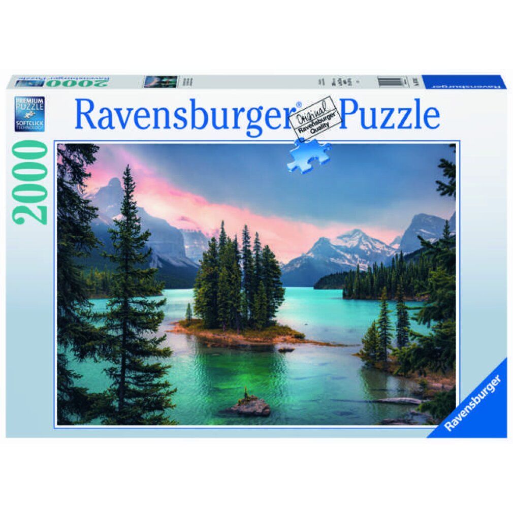 Scatola puzzle Ravensburger, 2000 pezzi. Immagine di un'isola boscosa in un lago turchese, montagne sullo sfondo. Marchio e numero di pezzi visibili.