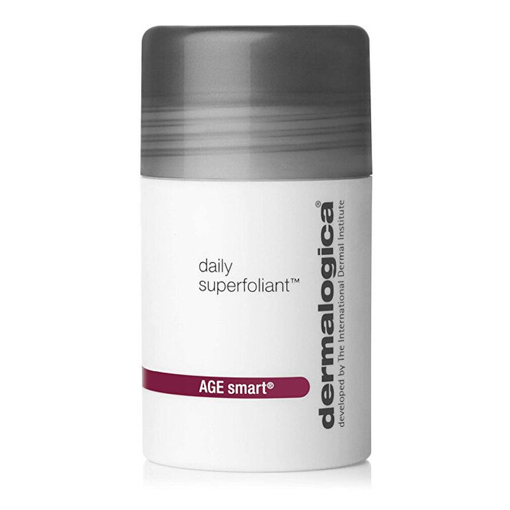 Flacone cilindrico con coperchio. Scritte: "daily superfoliant", "AGE smart", e "Dermalogica".