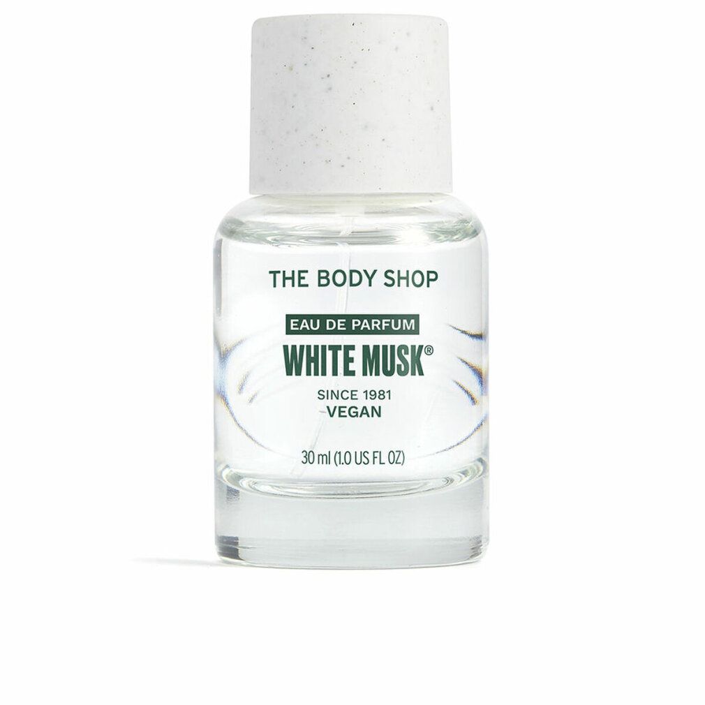Flacone di profumo con tappo bianco. Scritta: White Musk, Vegan. Marchio: The Body Shop. 30 ml.