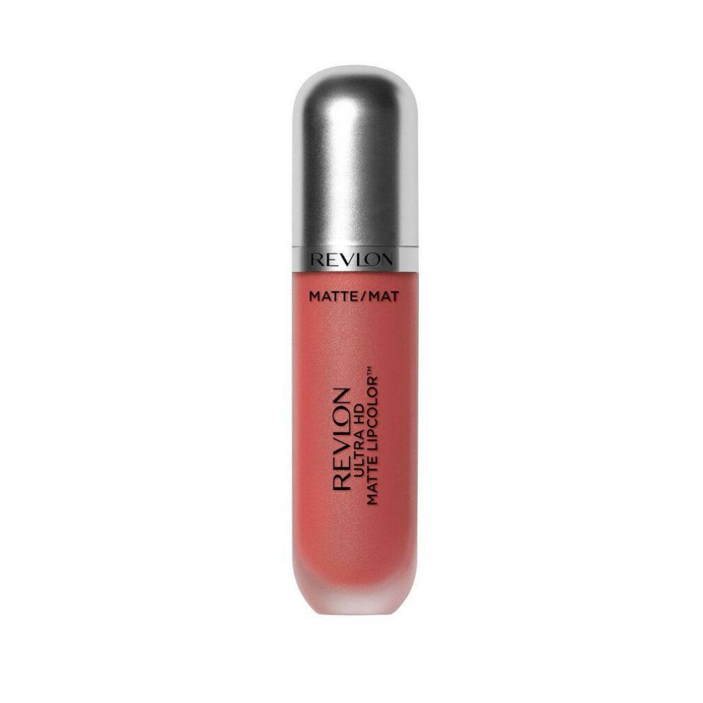 Flacone di rossetto con tappo argentato. Scritta: Revlon Ultra HD Matte Lipcolor. Colore: Flirtation.