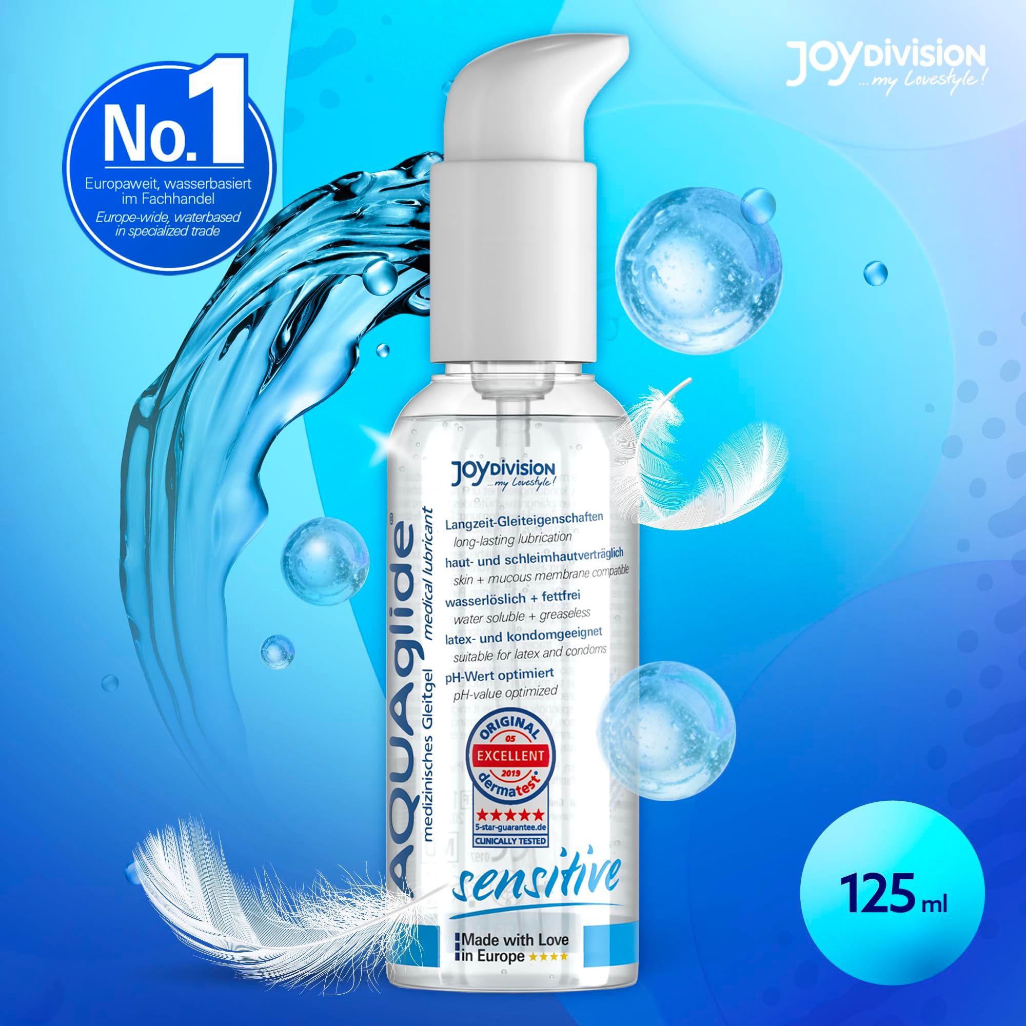 Gel lubrificante AQUAGLIDE Sensitive in flacone trasparente con dispenser a pompa. Sigillo "Original Excellent" e "pH ottimizzato".