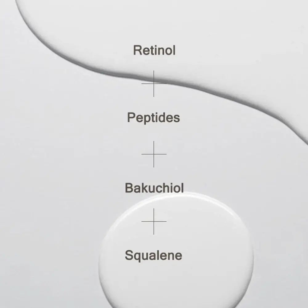 Primo piano di gocce. Scritta: Retinol, Peptides, Bakuchiol, Squalene.