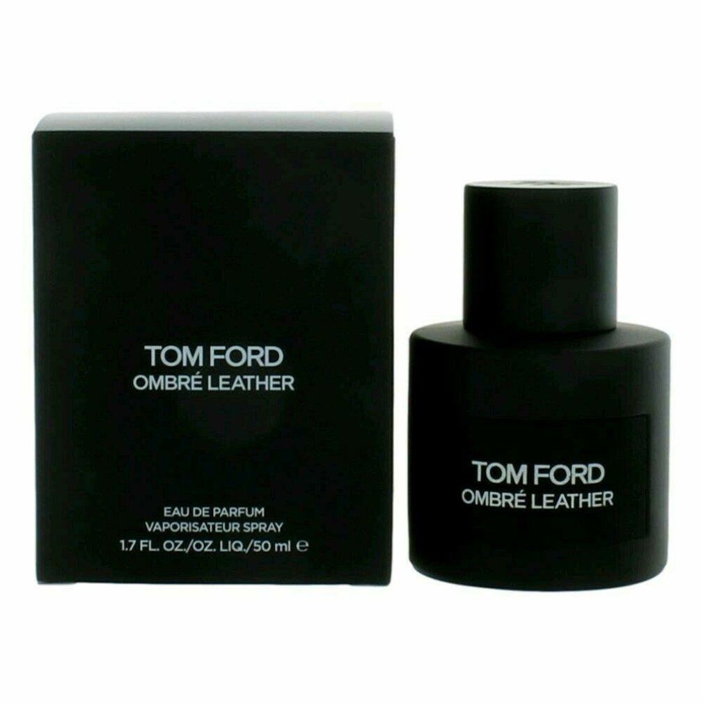 Flacone e confezione neri Tom Ford Ombré Leather. Testo: Eau de Parfum, 1.7 FL. OZ./OZ. LIQ./50 ml e.