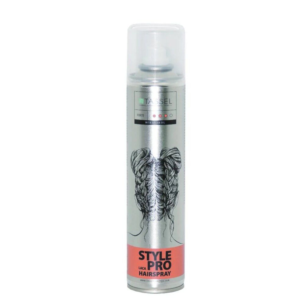 Bomboletta spray argento con tappo trasparente. Scritta "STYLE PRO HAIRSPRAY". Illustrazione di capelli intrecciati.