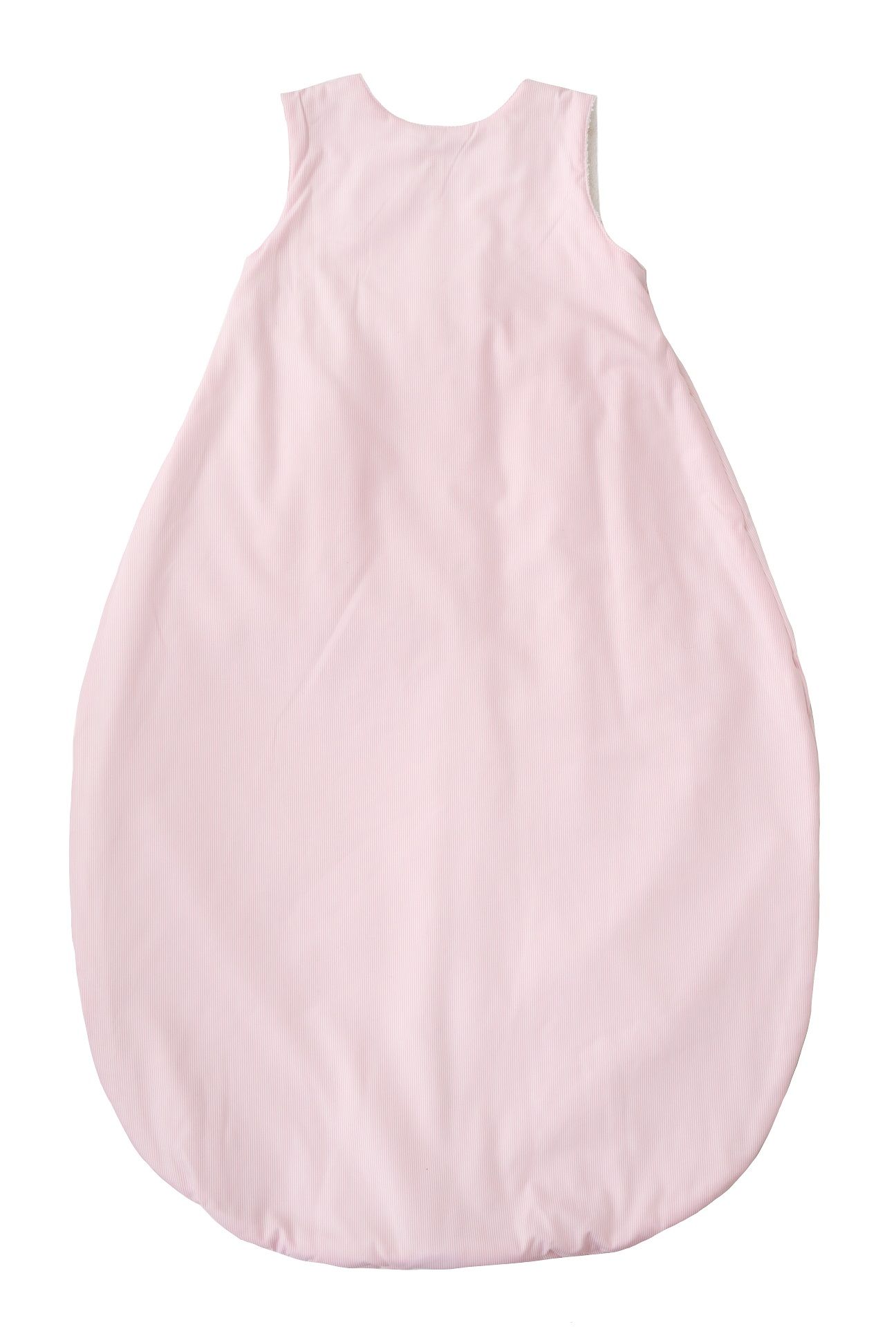 Vista posteriore del sacco nanna rosa. Materiale esterno a righe. Senza maniche, estremità arrotondata.