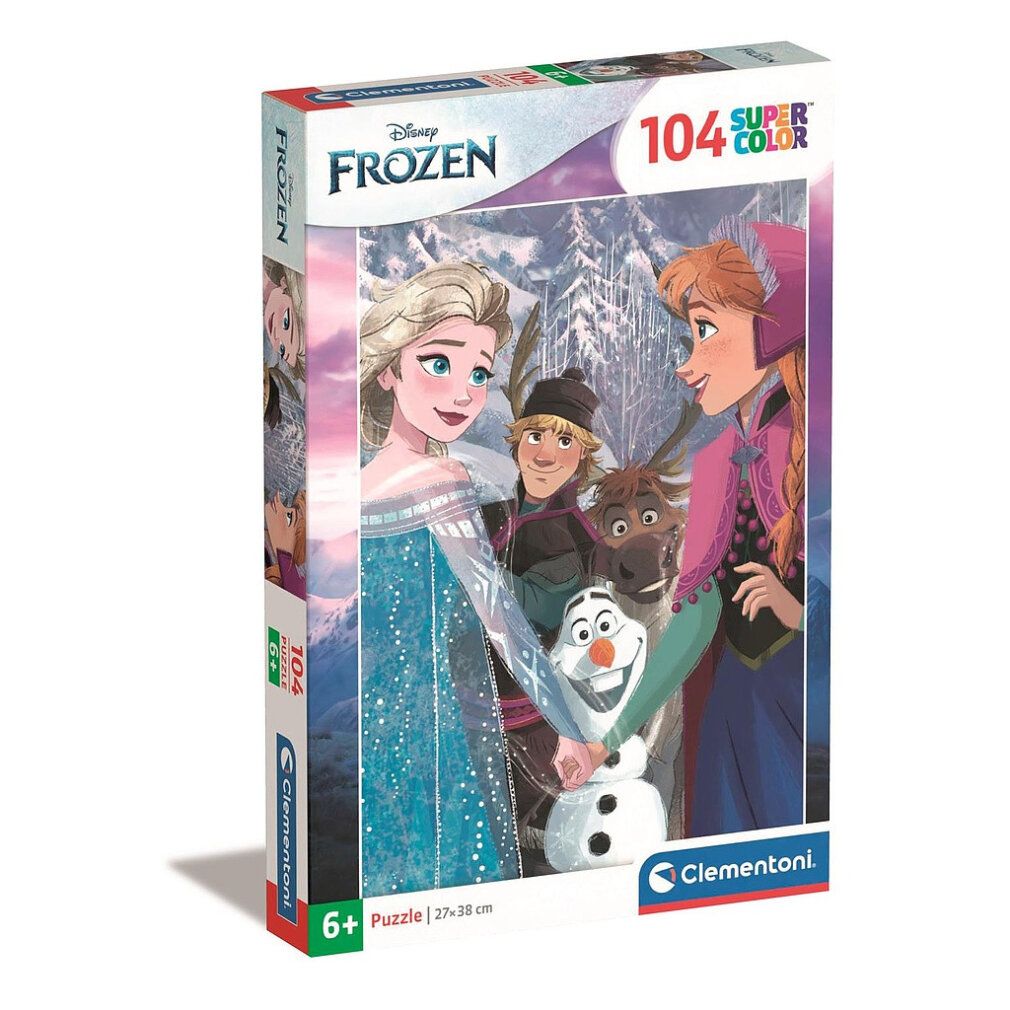Puzzle Clementoni Frozen, 104 pezzi. Confezione con Elsa, Anna, Olaf e altri personaggi. Dimensioni: 27x38 cm.