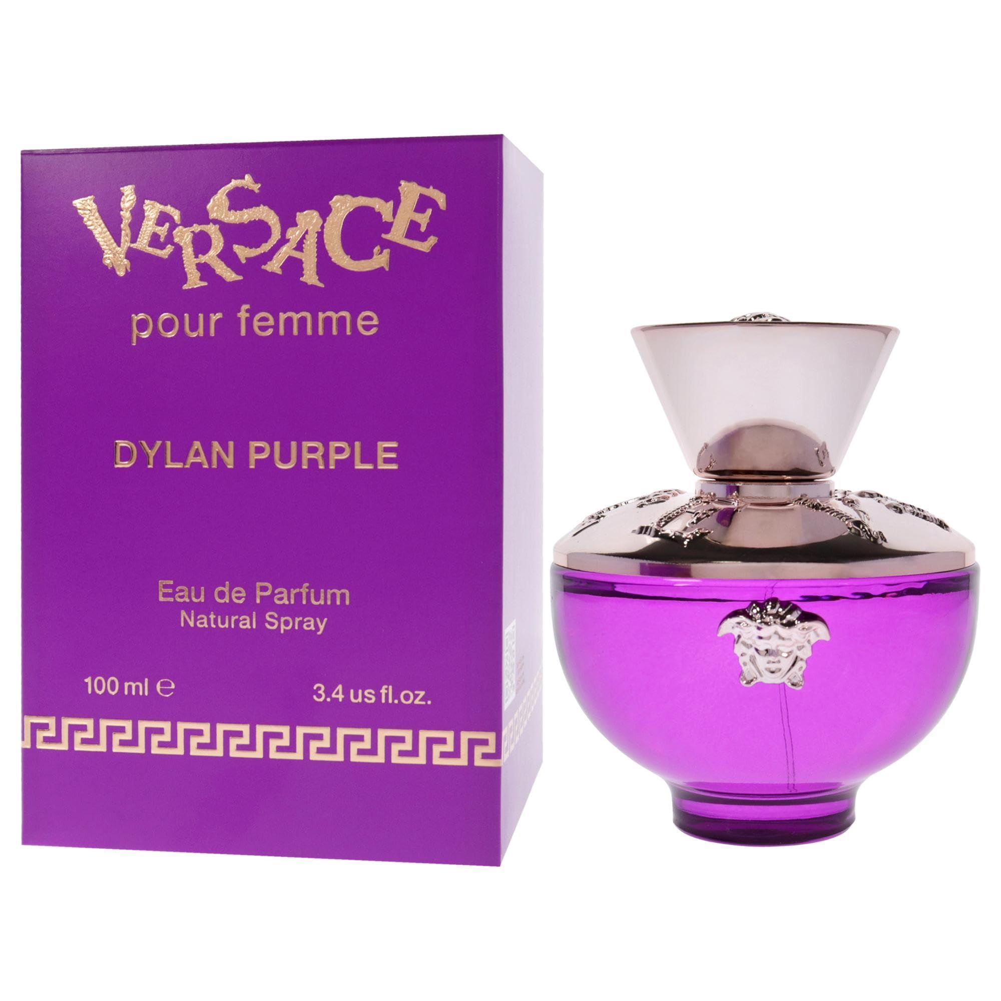 Flacone e scatola viola. Tappo dorato. Scritta: Versace Pour Femme Dylan Purple. 100 ml.