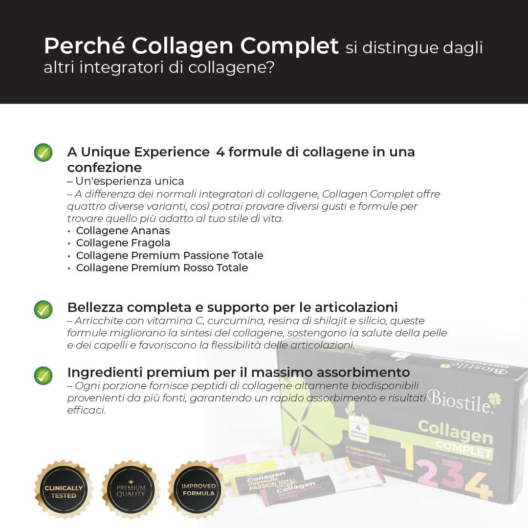 Confezione Biostile Collagen Komplett con testo e icone, sfondo verde.