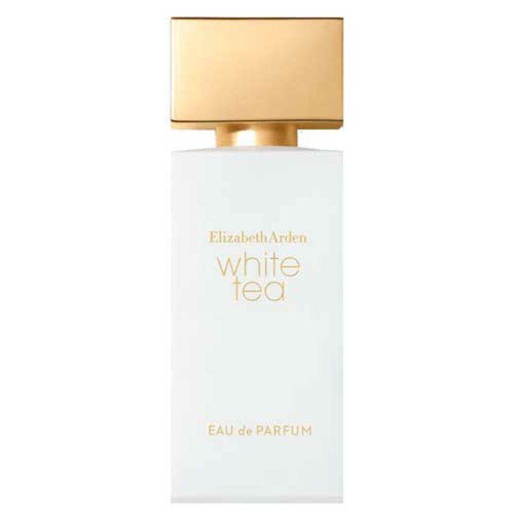 Flacone di profumo bianco, tappo dorato. Scritta: White Tea, Elizabeth Arden. Eau de Parfum.