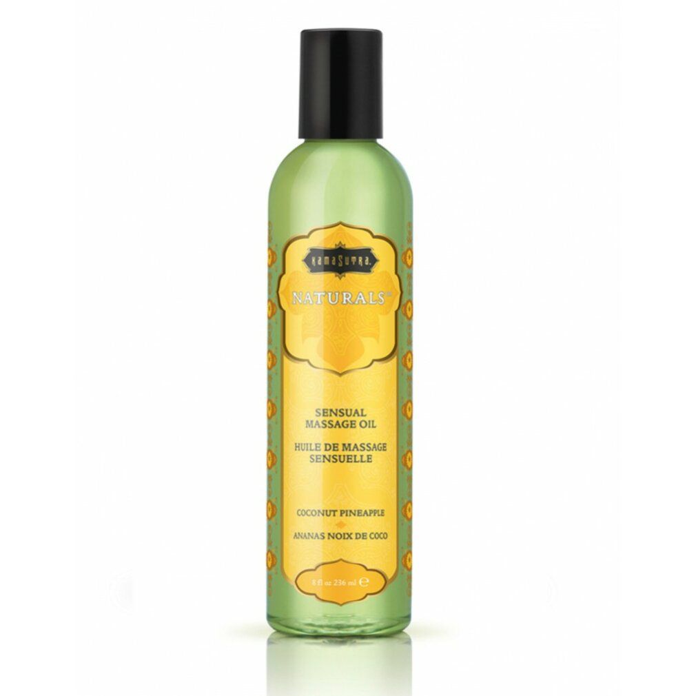 Flacone verde con tappo nero. Etichetta Kamasutra Naturals, Sensual Massage Oil, Cocco Ananas.