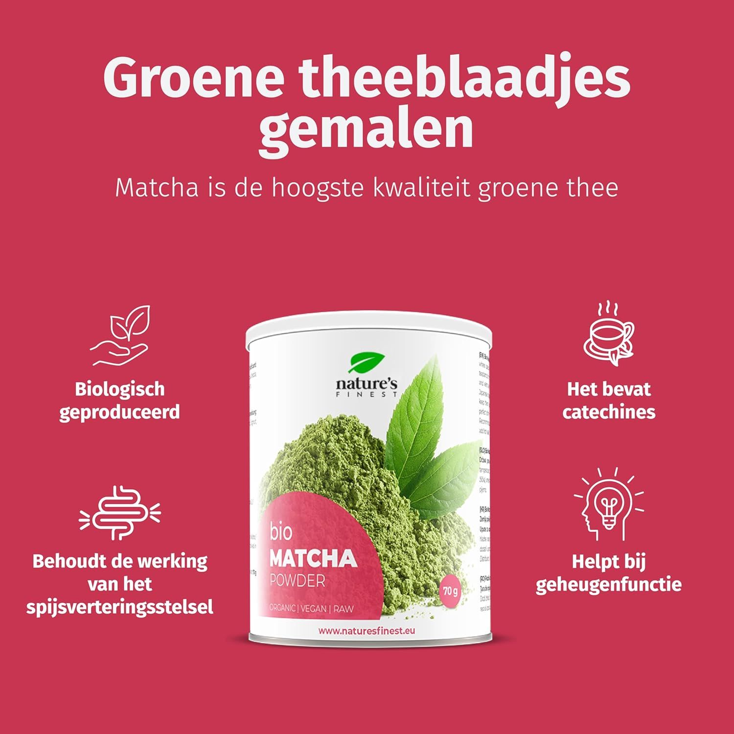 Pubblicità per la polvere di matcha bio Nature's Finest. Barattolo, foglie verdi, icone, testo. Bio, vegano.
