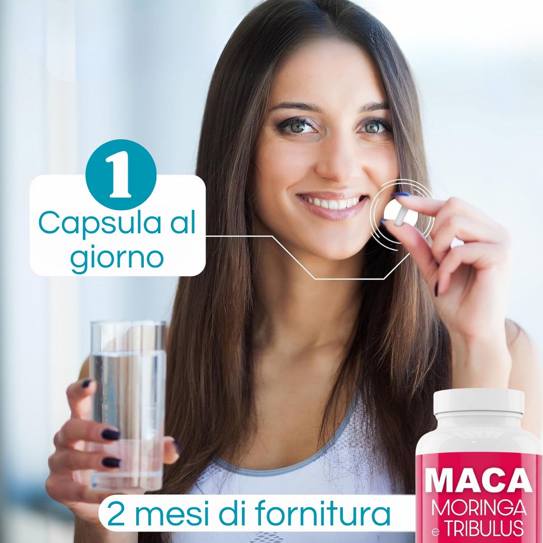 Donna tiene in mano una capsula e un bicchiere d'acqua. Flacone con scritta: Maca, Moringa, Tribulus. Testo: 1 capsula al giorno. 2 mesi di fornitura.