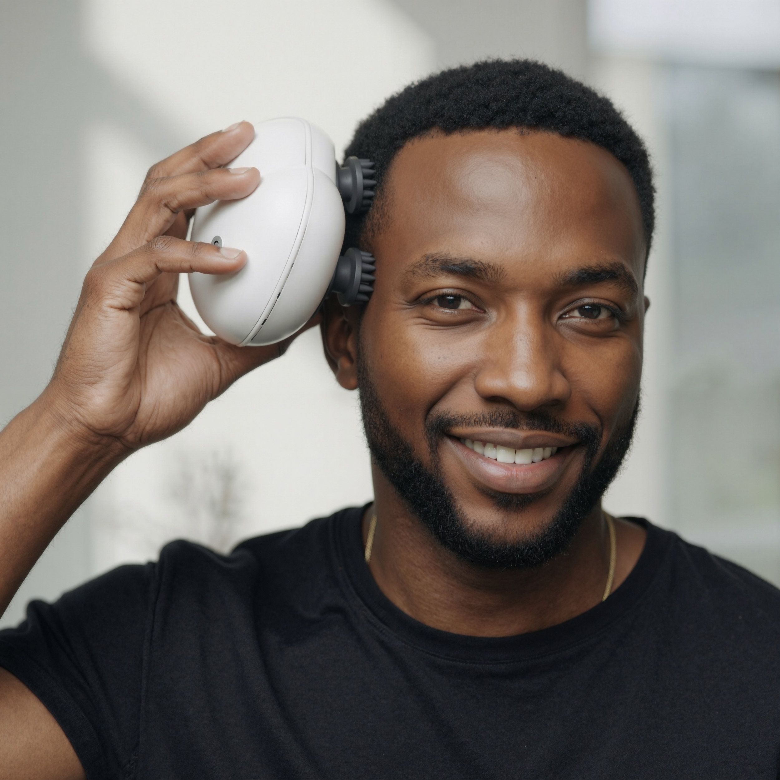 Uomo tiene massaggiatore corpo bianco sulla tempia. Massaggiatore con rulli neri. L'uomo sorride.