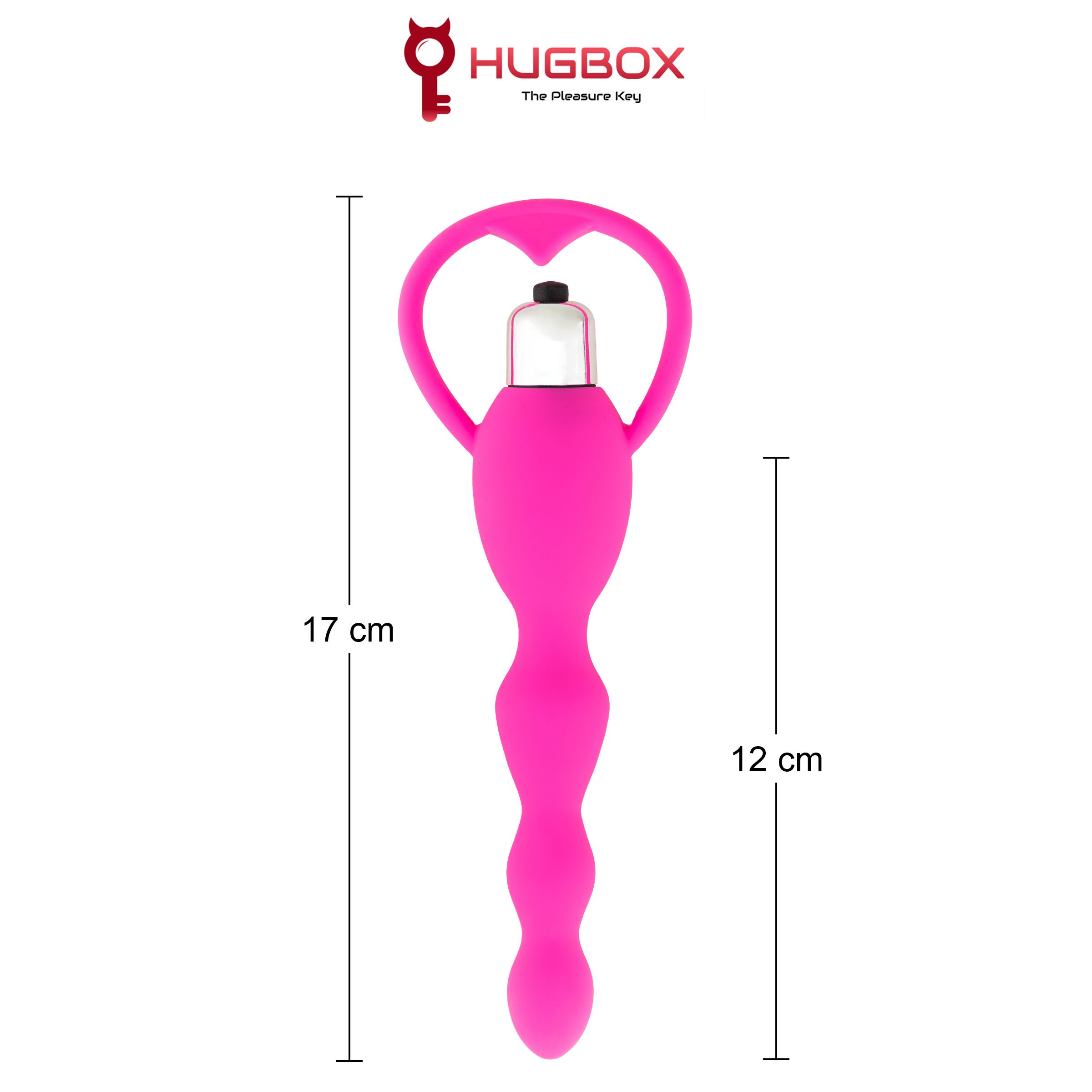 Vibratore rosa con asta ondulata e impugnatura a forma di cuore. Dimensioni: 17 cm e 12 cm. Logo HUGBOX.