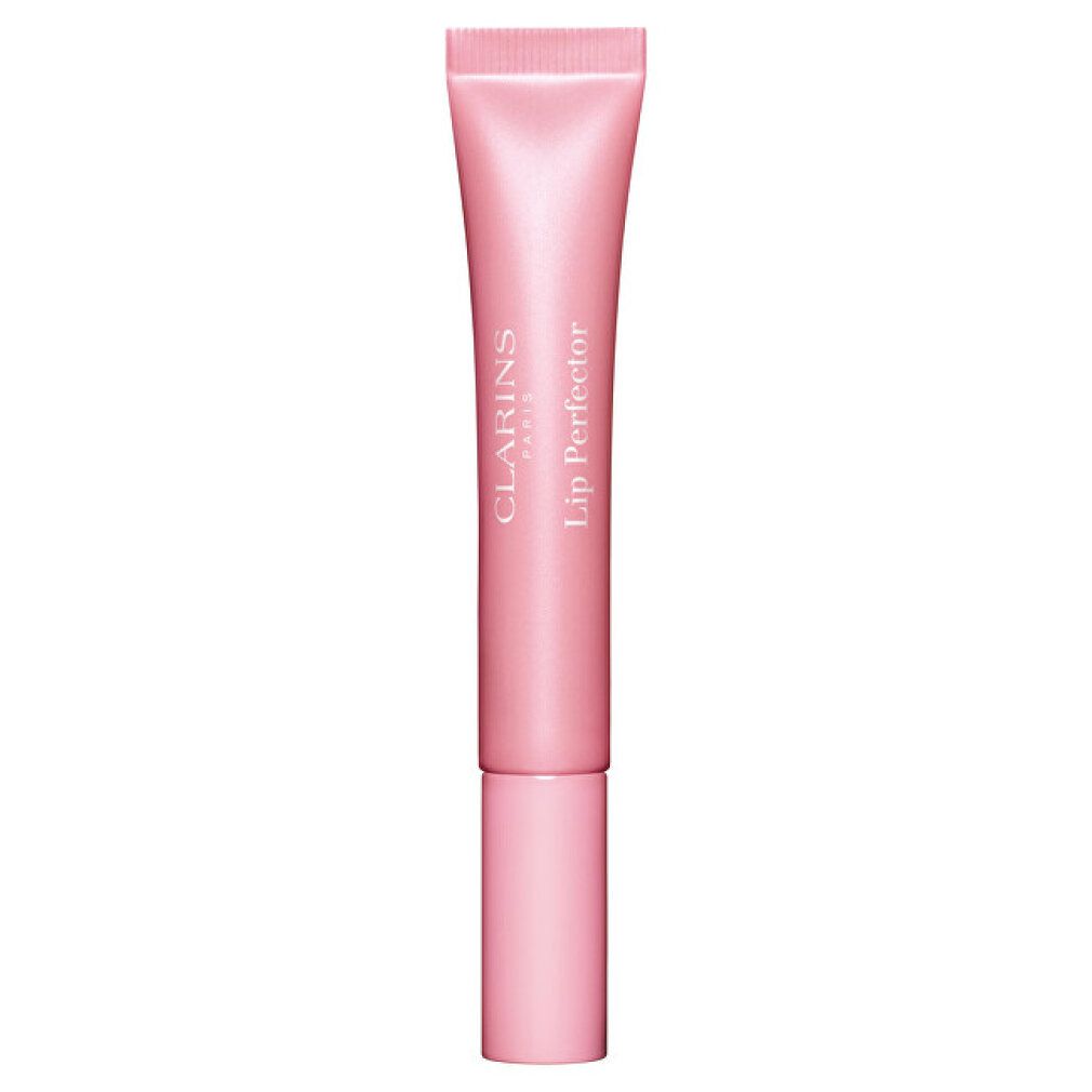 Un tubetto rosa di Clarins Lip Perfector con tappo rosa, su sfondo bianco.