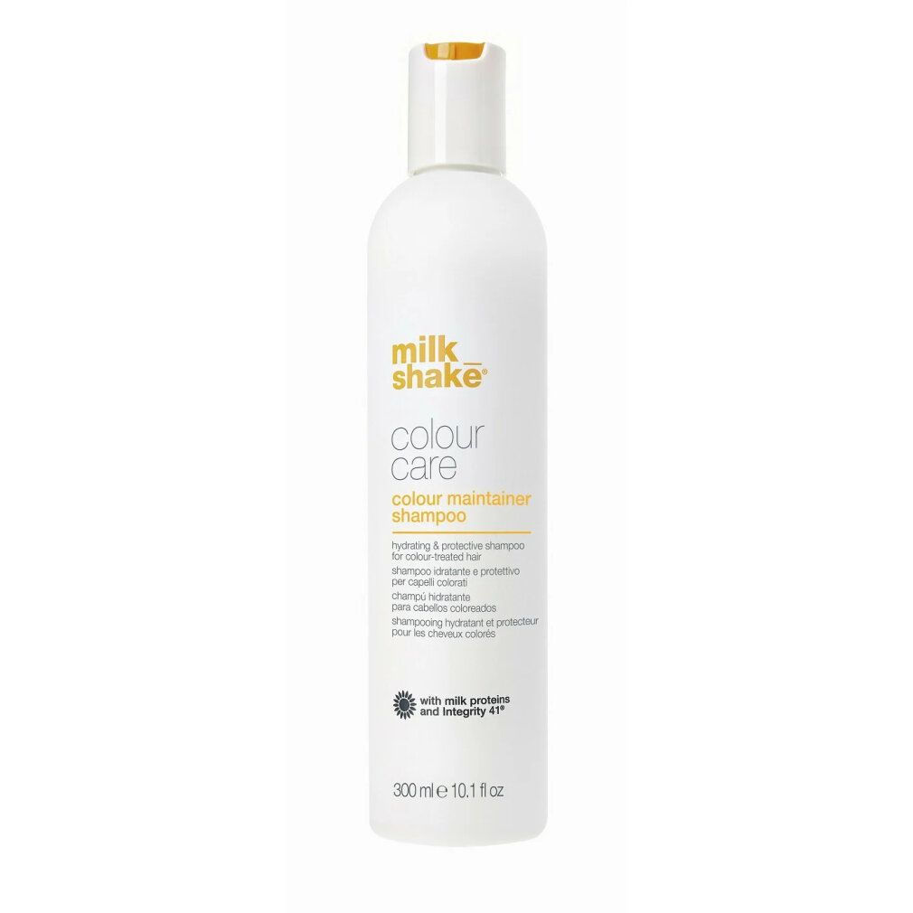 Flacone bianco con tappo giallo. Scritta: milk_shake, colour care, colour maintainer shampoo. Testo multilingue.